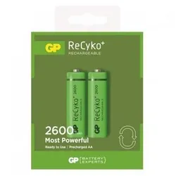 Gp Recyko Packung mit 2 wiederaufladbaren Batterien 2600 mAh Aa 1,2 V  vorgeladen  Lebenszyklus: bis zu 1.000 Mal