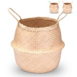 Decorasian Seegras Korb rund geflochten, Körbe zur Aufbewahrung und als Blumenkorb - Übertopf in Bast BZW. Rattan Optik - Seegraskorb mit Henkel zum Tragen - Wäschekorb - 2 Stück 40cm