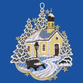 w. reuter & sohn - plauener spitze Fensterbild "Kapelle" Gr. 1, gelb (ecru, goldfarben, hellgelb), B:20cm H:24cm, Polyester, W. REUTER & SOHN - PLAUENER SPITZE, Fensterbilder, Made in Germany