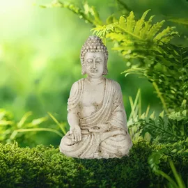 Relaxdays Buddha Figur sitzend, wetterfest, frostsicher, Gartenstatue, Zen Dekofigur HBT: 17,5 x 10,5 x 7,5cm, cremeweiß
