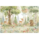 WallArena - Vlies Fototapete Kinderzimmer 400x280 cm Wald Tiere - Fototapeten Tapeten für Kinder Mädchen & Jungen - Kindertapete - Kinderzimmertapete Natur Tiere Blumen