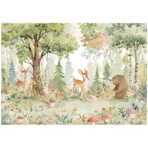 WallArena - Vlies Fototapete Kinderzimmer 400x280 cm Wald Tiere - Fototapeten Tapeten für Kinder Mädchen & Jungen - Kindertapete - Kinderzimmertapete Natur Tiere Blumen