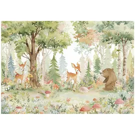 WallArena - Vlies Fototapete Kinderzimmer 400x280 cm Wald Tiere - Fototapeten Tapeten für Kinder Mädchen & Jungen - Kindertapete - Kinderzimmertapete Natur Tiere Blumen