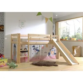 Vipack Spielbett »Pino, Kiefer massiv, mit Rolllattenrost u. Textil-Set, Made in Europe«, (B/H/T ca. 210x114x218cm, mit Absturzschutz, Leiter und Rutsche), verschiedene Textil-Designs und Holzfarben zur Wahl