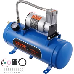 VEVOR 12-V-Luftkompressor mit Tank 6 L, Zughorn-Luftkompressor-Satz, 90-120 psi Arbeitsdruck, Integriertes Luftkompressorsystem für Zug-Lufthupen, Aufpumpen von Reifen, LKWs, SUVs usw. Blau