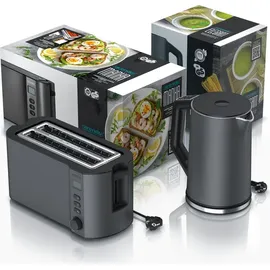 Arendo 2-teiliges Frühstücks-Set, Langschlitztoaster 4 Scheiben & Edelstahl Wasserkocher 1,5L, Grau