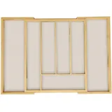 Relaxdays Besteckkasten, ausziehbar, 5 bis 7 Fächer, Schubladen Organizer, Bambus & MDF, Besteckschublade, Natur/weiß, 5 x 47 x 33 cm