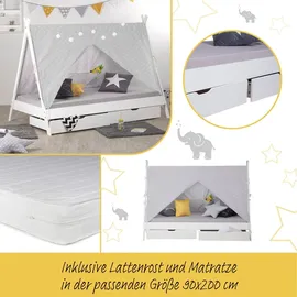 Homestyle4u Hausbett 90 x 200 cm Kiefer lackiert weiß grau