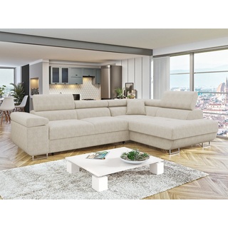 MIRJAN24 Ecksofa Torezio Cord, mit Bettkasten und Schlaffunktion, Einstellbare Kopfstützen, 274x203x70-90 cm beige