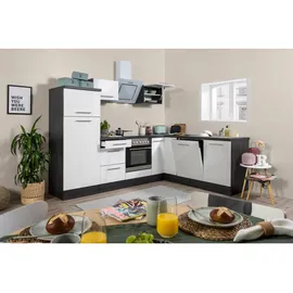Respekta Winkelküche Amanda L-Form E-Geräte 260 x 200 cm weiß hochglänzend/eiche grau nachbildung