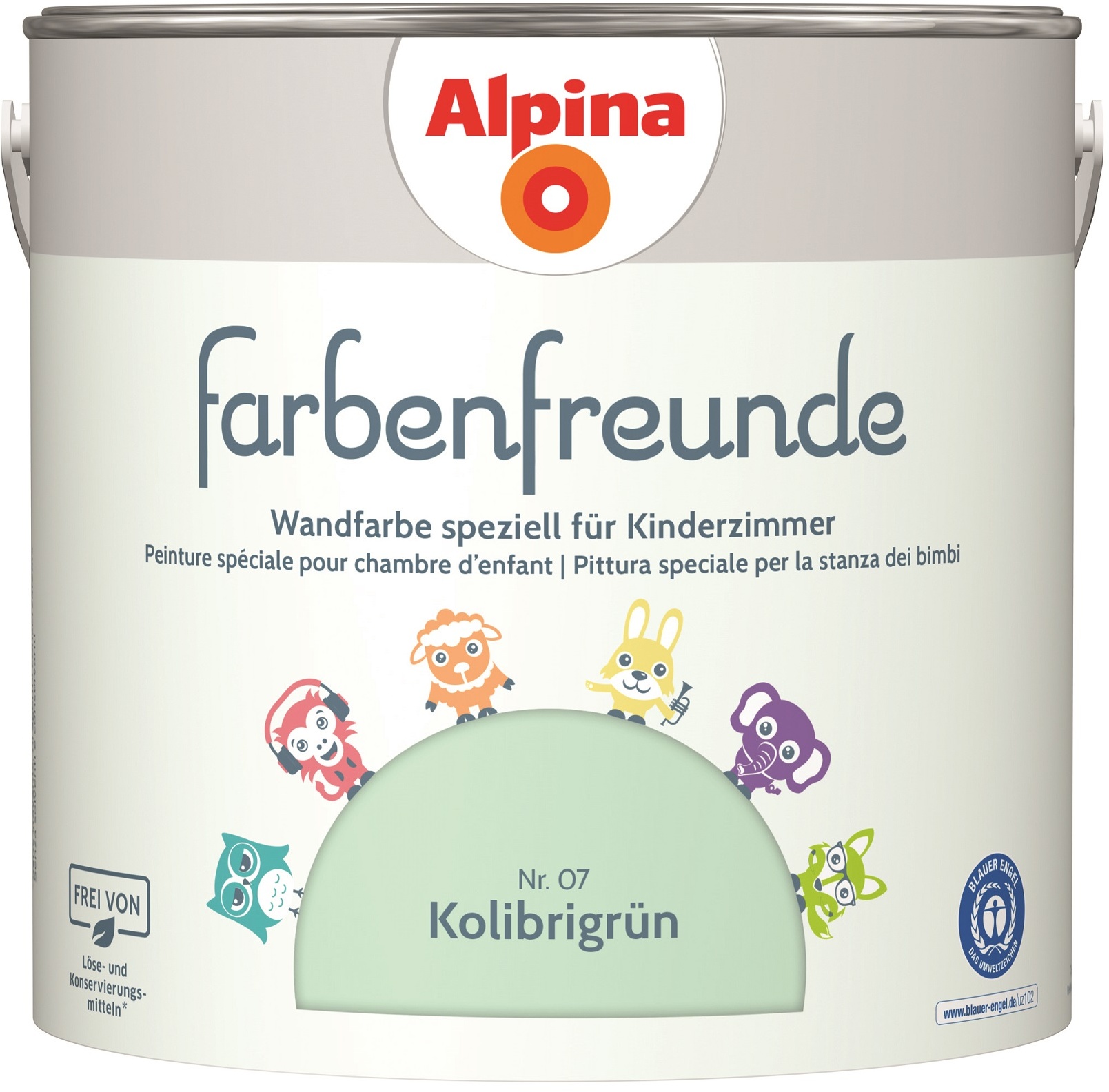 Alpina Farbenfreunde – Nr. 07 Kolibrigrün – Wandfarben speziell für Kinderzimmer – frei von konservierungs- und lösemittelfrei – für ein gesundes und behagliches Raumklima – 2,5L