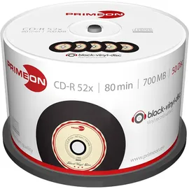PrimeOn CD-R 80Min/700MB/52x Cakebox 50 Disc), black-vinyl-disc Surface, schwarz, beige,rot, 700 MB