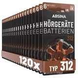 ABSINA Hörgerätebatterien 312 120 Stück mit gut greifbarer Schutzfolie - Batterien für Hörgeräte 312 Zink Luft mit 1,45V - Typ 312 Hörgeräte Batterie Braun - PR41 ZL3 P312 Hörgerätebatterien