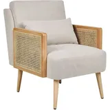 Sessel Hellbeige Stoff und Rattan mit Holzbeinen Wiener-Geflecht Armlehnen Kissen Modern Klassisch Wohnzimmer Flur Ausstattung Sitzmöbel