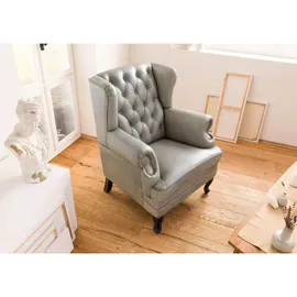 Massivmoebel24 Ohrensessel Chesterfield Leder 88 x 105 x 81 cm Grau