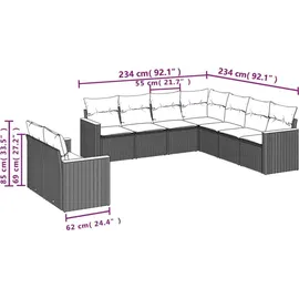 vidaXL 9-teiliges Gartensofa-Set mit Kissen, schwarzes Polyrattan - Schwarz