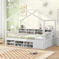 Costway Hausbett 90x200cm, Kinderbett mit Rausfallschutz, 14 Fächern, Schrank, Lattenrost, Jugendbett bis 200kg, für Kinder, Weiß - Weiß