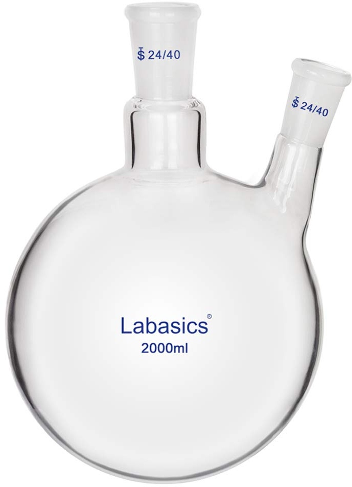 Labasics Glas 2000ml Rundkolben mit 2 Hals RBF, 2 Neck Round Bottom Flask mit 24/40 Mittlerer und Seiten Konus Joint (2000ml)