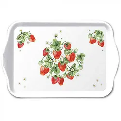 Ambiente Tablett 13x21cm Melamin mit Erdbeeren Motiv - kleines Serviertablett Frühstückstablett Tischdeko Sommer Garten Küche Dekotablett Früchte Weiß Rot