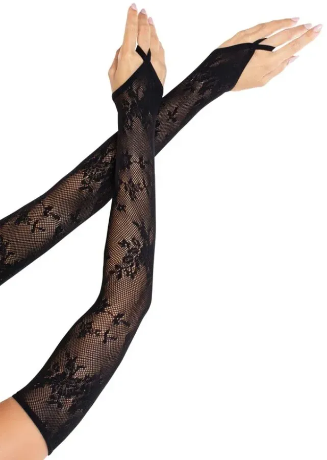 LEG AVENUE - EXTRA LANGE ARMWÄRMERHANDSCHUHE MIT BLUMENSPITZE, SCHWARZ