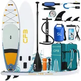 CFB SUP-Board Set 335x86x15 cm, extra breites Stand Up Paddle Board, aufblasbares iSUP, (Komplett-Set, mit Paddel, Pumpe, Rucksack, Leash, Dry Bag, Handyhülle & Schultergurt), maximal 200 kg belastbar, für Anfänger & Erwachsene blau|gelb|weiß