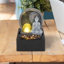 ETC Shop LED Tischbrunnen Wohnzimmer Zierbrunnen Dekoleuchte Asia Zimmerbrunnen Wasserspiel, mit 1,5m Kabel und Pumpe Buddha Design, anthrazit grau, 4x 0,13W LED 3000K 3W Pumpe, L x B x H 18 x 18 x 24 cm