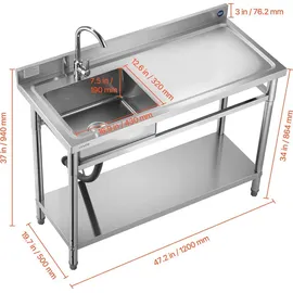 Vevor Spültisch Spülbecken Edelstahl (120 x 50 x 94 cm), Einzelbecken mit Wasserhahn & Ablage, Küchenspüle für Garage Restaurant Wäscherei, Waschtisch Außenspüle mit Arbeitsplatte (recht)