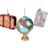 BRUBAKER Baumkugel Set Travel Around The World - Handbemalte Weihnachtskugeln Globus Koffer Reiseziel London - Mundgeblasener Christbaumschmuck aus Glas für Weltenbummler - 3tlg. Baumschmuck Lustig