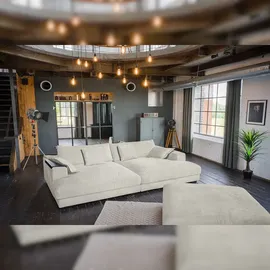 KAWOLA Big Sofa MADELINE Cord cremeweiß mit Hocker / 4 Zierkissen / Armlehntablett schwarz