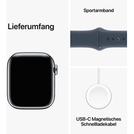 Apple Watch Series 9 GPS + Cellular 41 mm Edelstahlgehäuse silber, Sportarmband sturmblau M/L