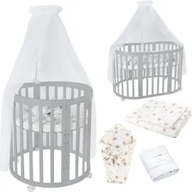 Waldin Mobiles Babybett OWAL aus Holz 7in1 mit Matratze, mitwachsend,Stoffe Weiß Löwenzahn,Holz grau - Grau