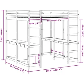 vidaXL Hochbett mit Schreibtisch & Leiter Braun 180x200 cm Kiefernholz2098621
