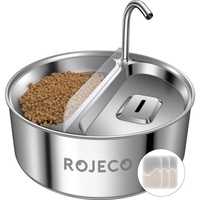 ROJECO 2 in 1 Katzenbrunnen mit Futternapf, 3,2 L Edelstahl Trinkbrunnen für Katze Großes Fassungsvermögen, 20dB Ultra-leise Katzen Trinkbrunnen mit 3 Ersatzfiltern Unterstützt Mehrere Haustiere