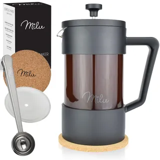 Milu French Press Kaffeebereiter | 350ml, 600ml, 1L | Glas Kaffeepresse, Kaffeezubereiter für Zuhause Reisen Camping inkl. Untersetzer, Löffel, Ersatzfilter (Schwarz, 1000ml (5 Tassen)