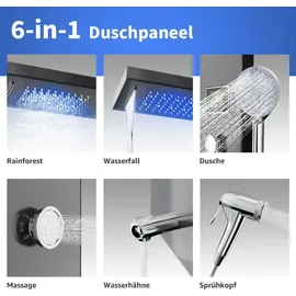 Toner Kingdom KEOKBON Duschpaneel Regendusche Edelstahl Schwarz mit LED-Lichter,5 Funktionen Duschsystem mit Handbrause, Massagedusche und Wasserfall Dusche