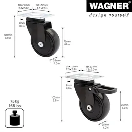 Wagner System Design - 3C - Lenkrollen / Möbelrollen 2tlg. Set -schwarz, Tragkraft 75 kg