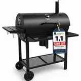 [ Test SEHR GUT, Note 1.1 *] THE BLACK BEAST Holzkohlegrill Grillwagen - Kohlegrill BBQ Smoker mit Deckel, Thermometer, Schornstein, 3-tlg. Grillrost, Warmhalterost, Aschebehälter und Rädern