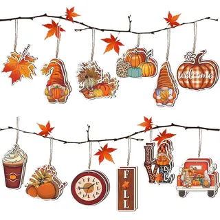 Herbst Deko, 24 Stück Herbstdeko zum Aufhängen, Holz Deko Hänger Herbst Dekoration mit Schnur, Kürbis Ahornblatt Zwerge Wichtel Deko zum Aufhängen für Thanksgiving zum Aufhängen