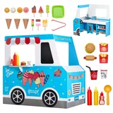 Vevor Eiswagen für Kinder, über 20 Zubehörteile, Eisdiele aus Holz mit Lenkrad und Tafel, Zahlungsscanner und Gefrierschrank, Wasserhahn und Spüle, geeignet für Kinder von 3–7 Jahren, blau