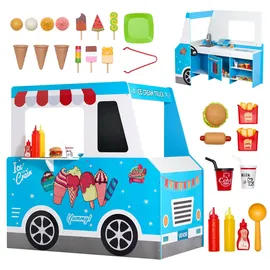 Vevor Eiswagen für Kinder, über 20 Zubehörteile, Eisdiele aus Holz mit Lenkrad und Tafel, Zahlungsscanner und Gefrierschrank, Wasserhahn und Spüle, geeignet für Kinder von 3–7 Jahren, blau