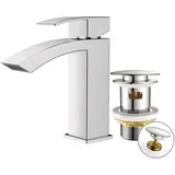 FORIOUS Wasserhahn Bad mit Ablaufgarnitur, Wasserfall Waschtischarmatur mit Auslauf Höhe 100 mm, Mischbatterie Armatur Badezimmer, Gitterauslauf, Energiesparend & Wassersparend, Chrom