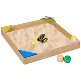 Relaxdays Holzsandkasten quadratische Buddelkiste mit Ecksitzen Gelb/Grün/Braun