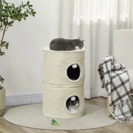 PawHut Kratztonne, 69 cm Hoch Katzentonne mit 2 Höhle, Spielball, Teilbarer Kratzbaum, Katzenturm für Katzen bis 5 kg, Cremeweiß - Weiß