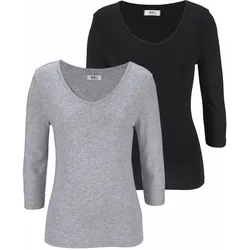 V-Shirt, unifarben, V-Ausschnitt, Basic-Stil, aus Baumwolle, im 2er-Pack, Gr. 48/50, grau-meliert, schwarz, Shirts, 809255-48