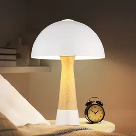 Nowa Tischlampe Pilz Holzoptik Nachttischlampe Tischleuchte Pilzdesign Schlafzimmerlampe, Metall Sandfarben, 1x E27, DxH 25 x 36,5
