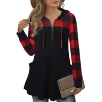 Gaharu Hoodies Für Damen Pullover Kapuze Langarm V Ausschnitt Strickhoodie Frauen Herbst Winter Freizeit Dünne Locker A Linie Swing Kapuzenoberteil Women Strick Reißverschluss Rot Kariert,XL - XL