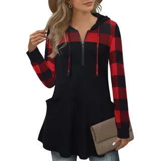 Gaharu Hoodies Für Damen Pullover Kapuze Langarm V Ausschnitt Strickhoodie Frauen Herbst Winter Freizeit Dünne Locker A Linie Swing Kapuzenoberteil Women Strick Reißverschluss Rot Kariert,XL - XL