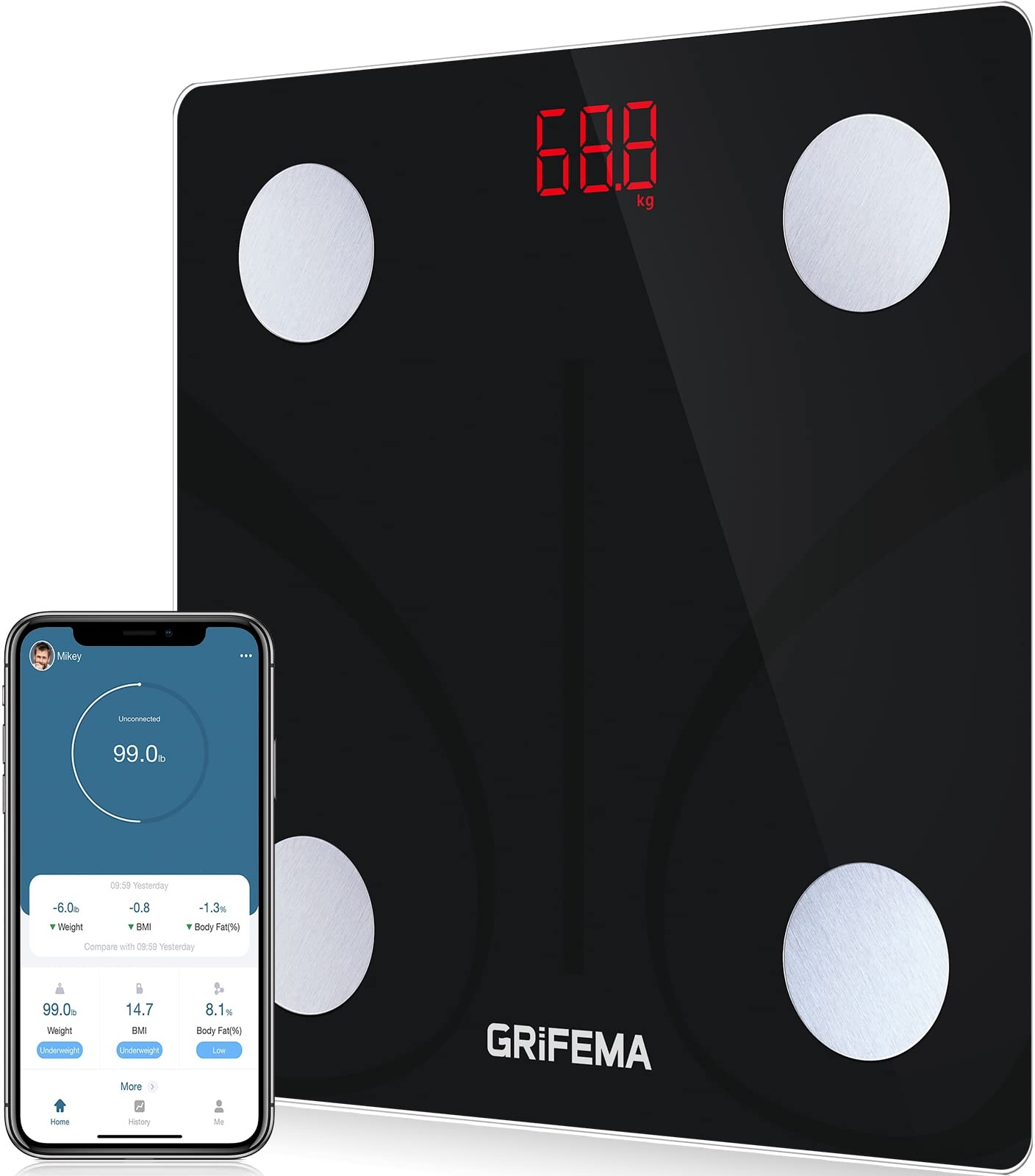 GRIFEMA Digitale Personenwaage, Waage mit Körperfett und Muskelmasse, Bluetooth Körperfettwaage mit App, für BMI, Protein, Schwarz [Exklusiv bei Amazon]