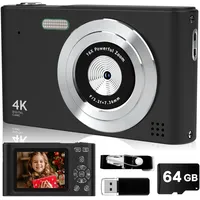 Digitalkamera FHD 1080P mit 64GB Karte, 44MP Digital Point and Shoot Kinderkamera mit Anti-Shake-16X Zoom, tragbare kleine Kamera, Geschenk für Kinder, Mädchen, Jungen, Teenager (Schwarz)