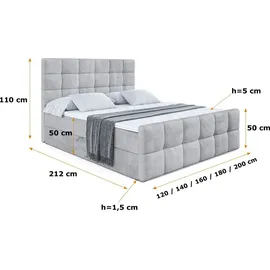 altdecor Boxspringbett mit Matratze und Lattenrost - - BRUGO -Z - 160x200 cm - Grau Monolith - Boxbett, Fußteil, Topper, Polsterbett mit Bettkaste... - Hellgrau